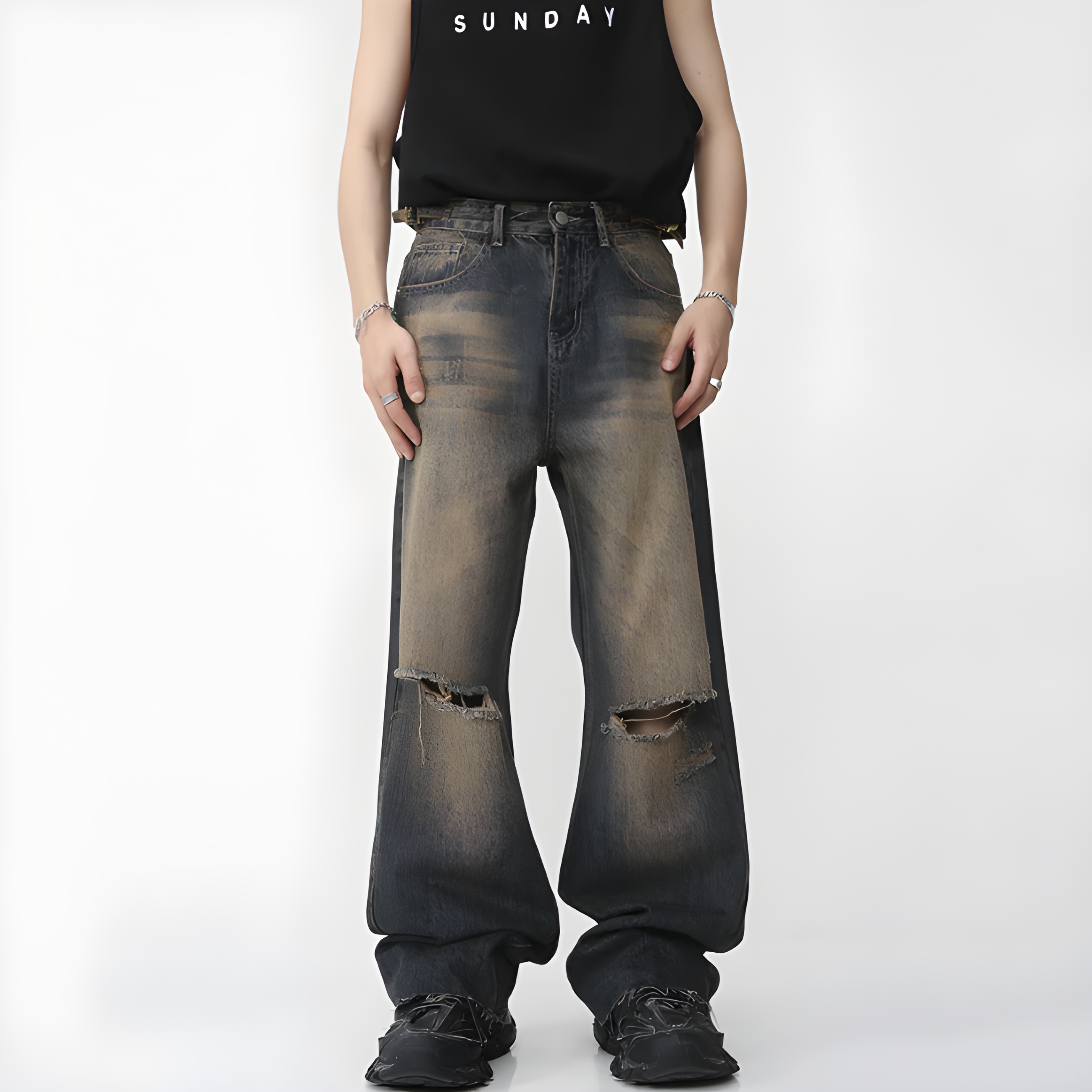 "Vynorix" - Damaged Relaxed Jeans - Vintage Washed Denim