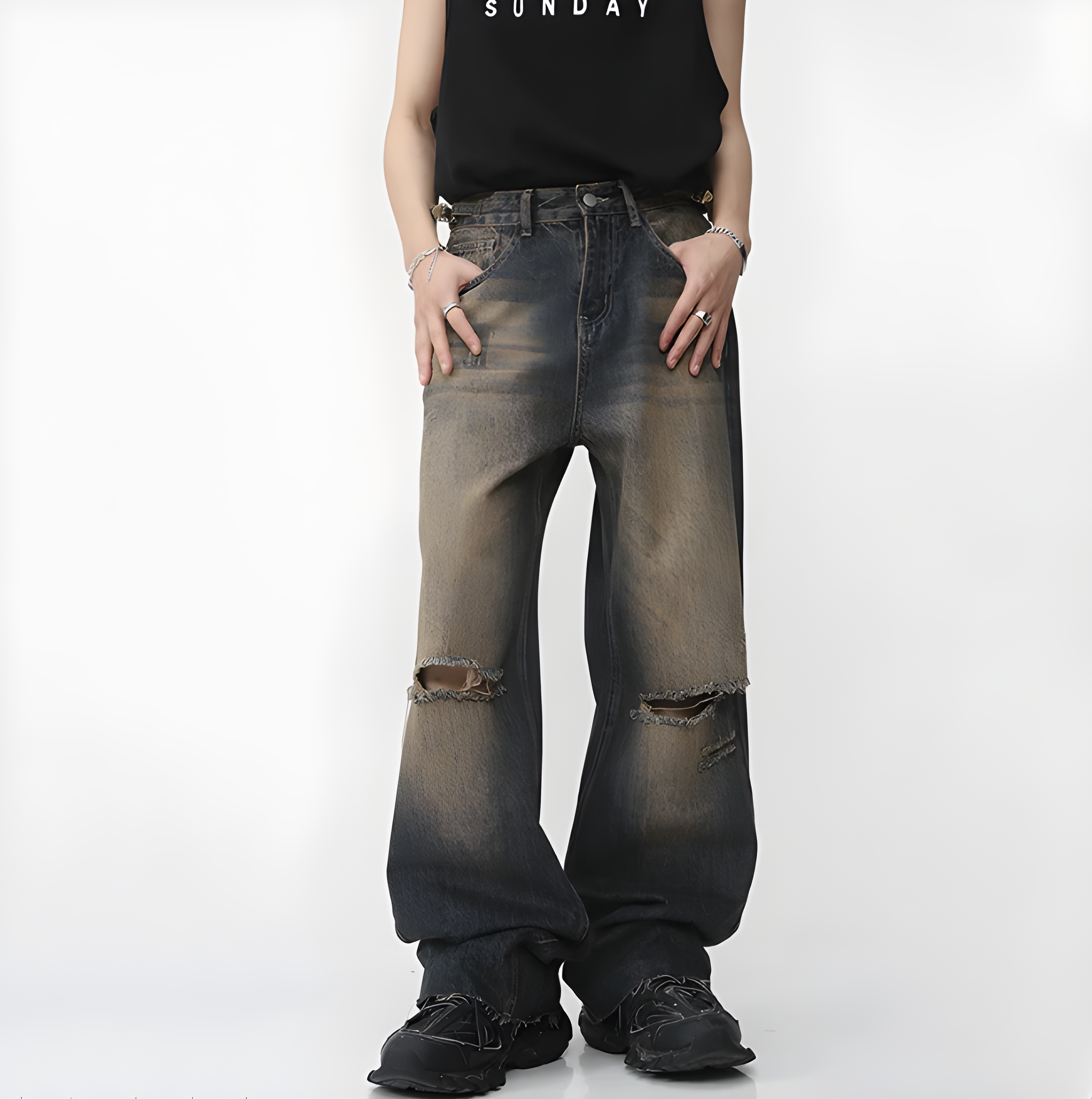 "Vynorix" - Damaged Relaxed Jeans - Vintage Washed Denim