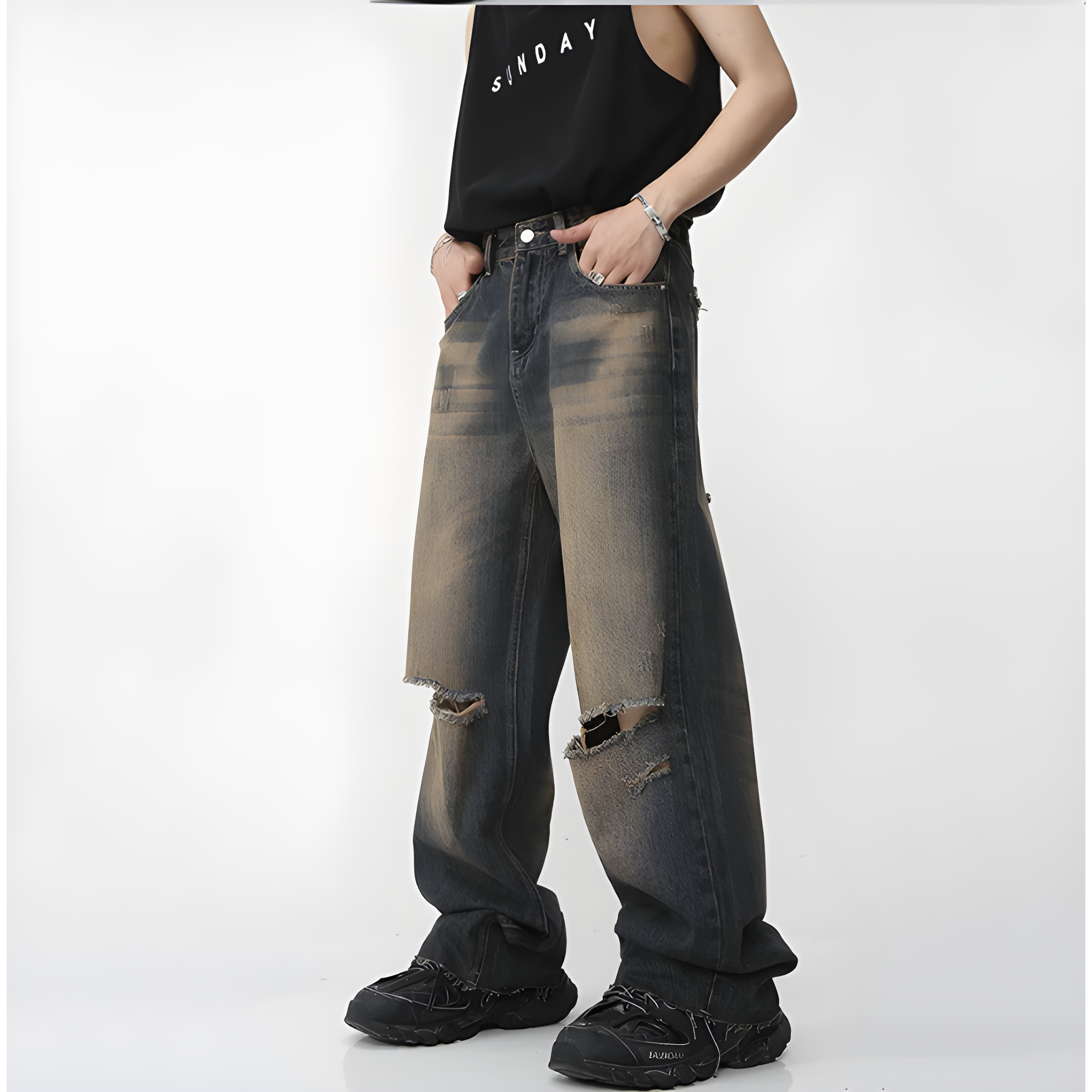 "Vynorix" - Damaged Relaxed Jeans - Vintage Washed Denim