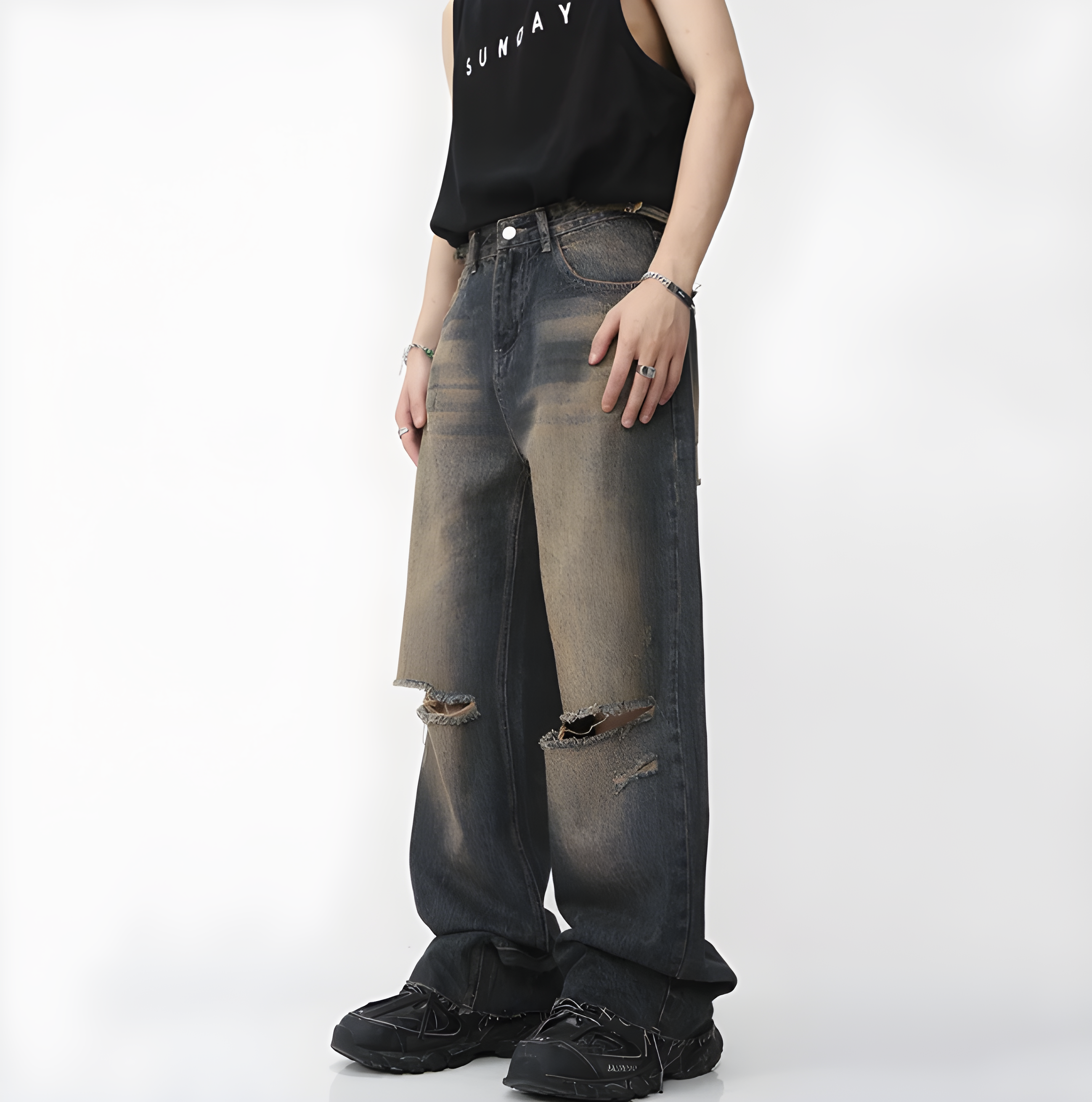 "Vynorix" - Damaged Relaxed Jeans - Vintage Washed Denim